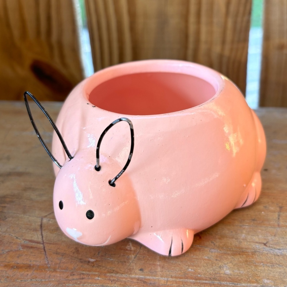 Vintage Rocket Farms Pink Bunny Ceramic Planter Trinket Dish